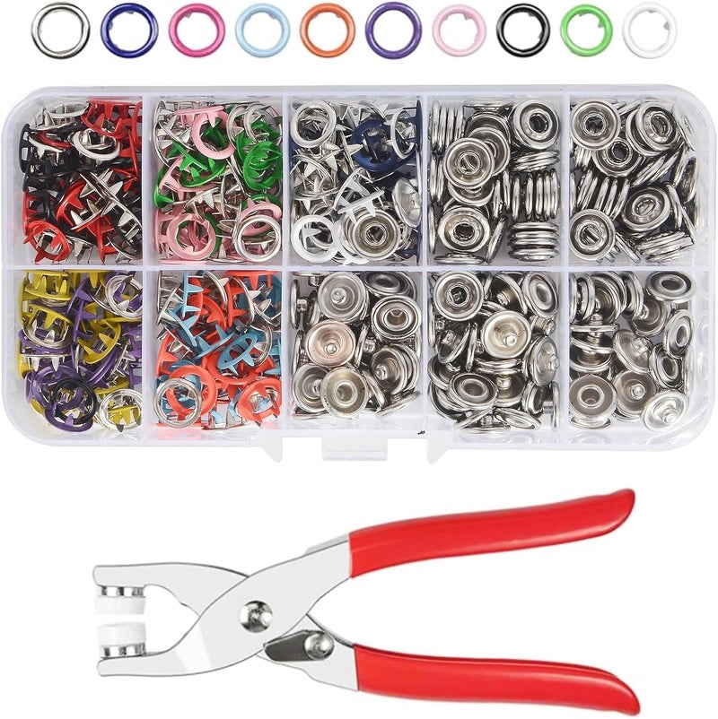 CHEPULA Snap Button Kit 100set, 9.5mm Snap Fasteners Kit with Pliers, Metal Snaps Kit with Tool, Five Claw Buckle Tool Set 10 Colors (Hollow 100set) - Image 1